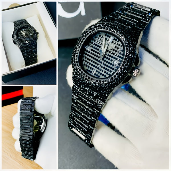 Blacked Iced Out Stainless Steel Chain Watch For Men Fashion Without Box